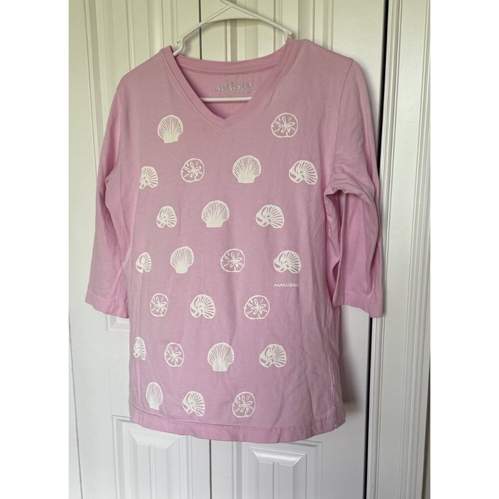 Marushka Tee Shirt Top Medium 3/4 Sleeves Cotton Pink Seashell V Neck